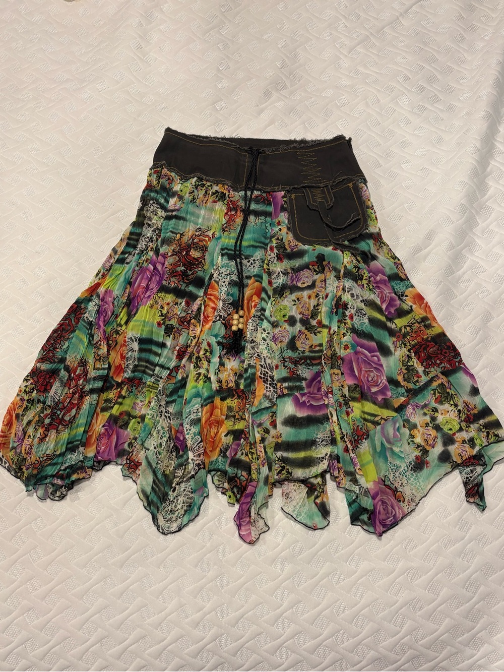 VTG Alberto Makali Y2K Mesh Floral Patchwork Handkerchief Hem Skirt